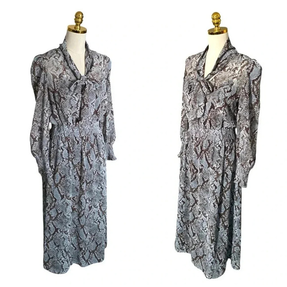 ANN TAYLOR | Animal Print Snake Python Print Puff Sleeves Midi Size 4 - Picture 2 of 9